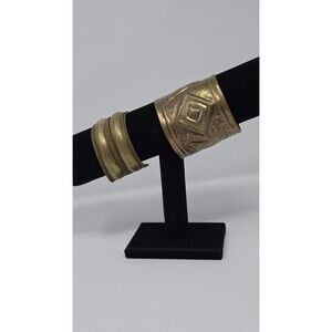 Vintage Brass Cuff Bracelet Lot (2) Etched Geometric Boho Tribal Statement Wide